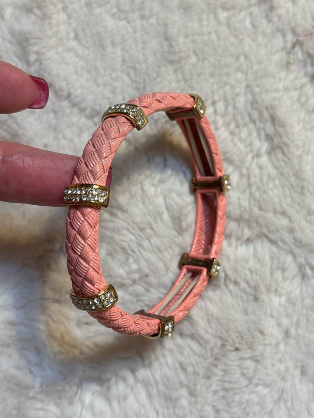 Peachy Pink Bracelet Braided design Gold-tone Ring Accents with Crystals Elastlc - Picture 2 of 8
